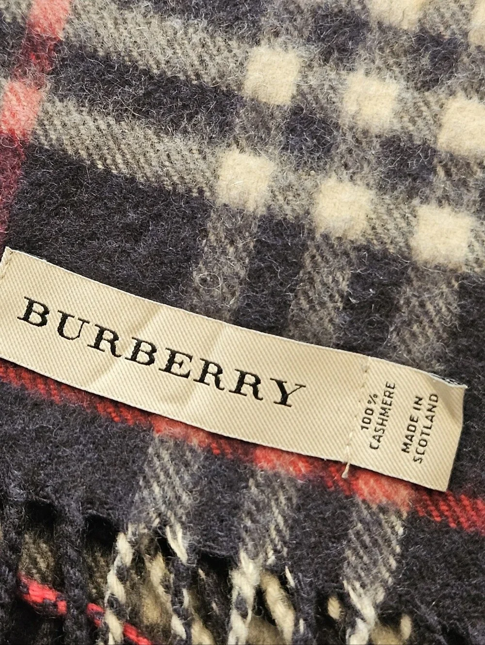 Burberry 100% Cashmere Classic Check Scarf Navy Red Made in Scotland